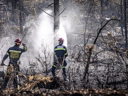 Los bomberos apagan una zona forestal quemada por un incendio forestal en Fuente de la Reina, cerca de Castellón, este miércoles.