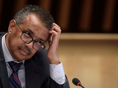 El director general de la OMS, Tedros Adhanom Ghebreyesus, durante una rueda de prensa en la sede de Ginebra.