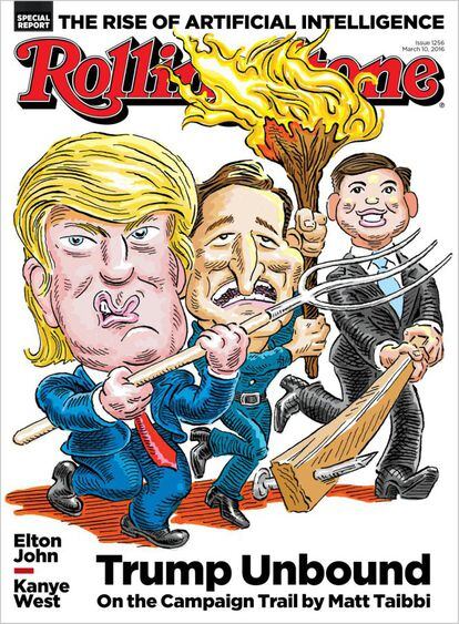 Portada de la publicación 'Rolling Stone' del 10 de marzo de 2016. Trump era entonces candidato y aparece en una caricatura junto a los también republicanos Ted Cruz y Marco Rubio.