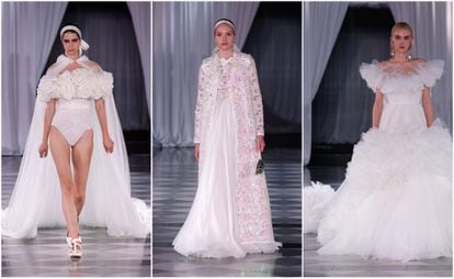 Três dos designs apresentados por Giambattista Valli em seu desfile na Barcelona Bridal Fashion Week, no dia 18 de abril de 2024.