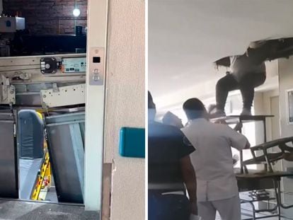 Personas siendo rescatadas del elevador en Guadalajara, este jueves, en imágenes difundidas en redes sociales.