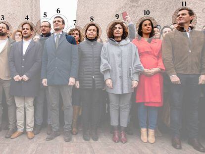 De izquierda a derecha: (1) Rocío Monasterio (Vox), (2) Javier Ortega Smith (Vox), (3) Santiago Abascal (Vox), (4) Cristiano Brown (UPyD), (5) Javier Maroto (PP), (6) Pablo Casado (PP), (7) Dolors Monserrat (PP), (8) Carmen Moriyón (Foro Asturias), (9) Yolanda Ibáñez (UPN), (10) Begoña Villacís (Ciudadanos), (11) Albert Rivera (Ciudadanos) y (12) Ignacio Aguado (Ciudadanos).