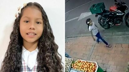 A la izquierda, la niña de ocho años Eva Luna España, y a la derecha, captura de un video en el que se ve a la menor caminando sola, en imágenes difundidas en redes sociales.