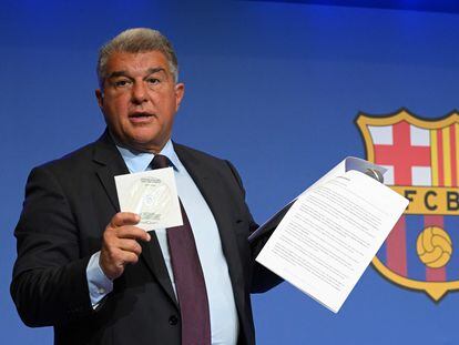 El presidente del Barcelona, Joan Laporta, durante la rueda de prensa del pasado lunes.