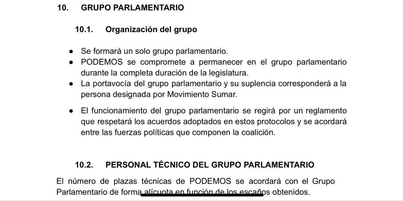 Fragmento del documento de acuerdo entre Podemos y Sumar para concurrir bajo una marca conjunta a las elecciones generales del 23-J.