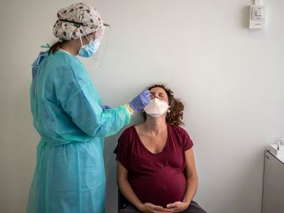 Una enfermera toma una muestra nasofaríngea a una mujer embarazada para realizarle una prueba de detección de la covid