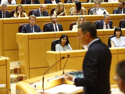 El presidente del PP, Alberto Núñez Feijóo, sigue la comparecencia del presidente del Gobierno, Pedro Sánchez, ante el pleno del Senado.