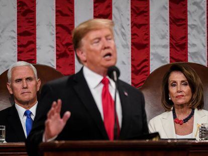 El presidente de EE UU, Donald Trump, el vicepresidente, Mike Pence, y la presidenta de la Cámara, Nancy Pelosi, durante el discurso sobre el estado de la Unión. 