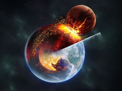 Recreación artística de la colisión del protoplaneta Tea contra la Tierra primitiva, hace unos 4.500 millones de años.