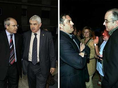 A la izquierda, José Montilla y Pasqual Maragall, en el mitin de Manresa; a la derecha, Joan Puigcercós y Josep Bargalló en Miravet.