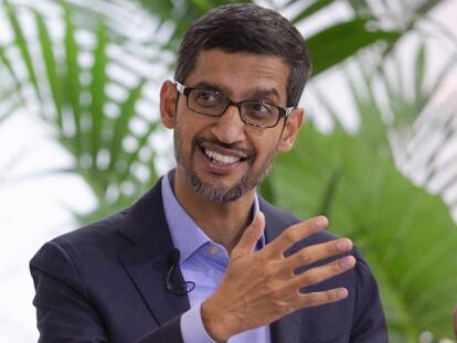 El CEO de Google, Sundar Pichai, durante su conferencia en Bruselas. 