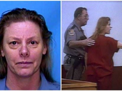 Aileen Wuornos, en una foto policial (izquierda) y  en una de sus comparecencias judiciales. 