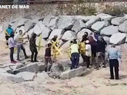 Captura de vídeo en què es veuen dos grups que s'enfronten a Canet en retirar de la platja les creus de suport als presos.