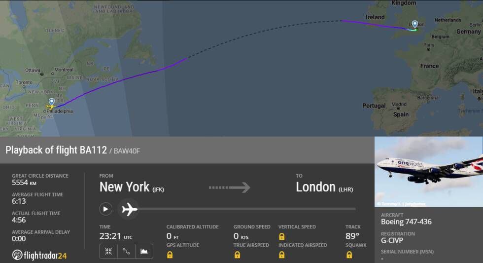 Imagen capturada de Flichtradar24 sobre el vuelo de British Airways.