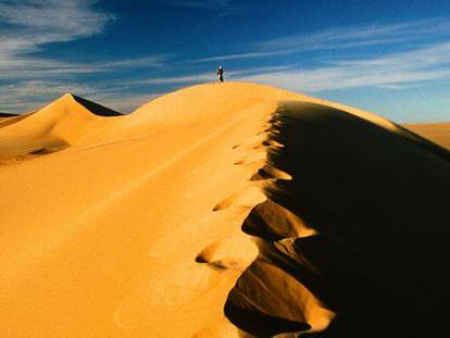 Imponentes cordilleras de dunas móviles se extienden de norte a sur.