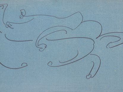 Dibujo de un jinete sobre papel azul que Kafka hizo en una hoja suelta.