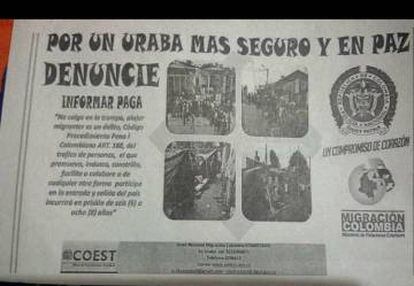 Un planfeto con imágenes del lugar en el que habitan los cubanos en Turbo advierte que es delito alojar migrantes.