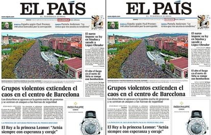 Portadas de EL PAÍS de la edición Cataluña y Madrid del día 19 de octubre.