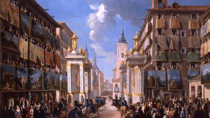 Ornatos de la Calle de las Platerías con motivo de la entrada de Carlos III en Madrid, del pintor Lorenzo Quirós (en torno a 1763).