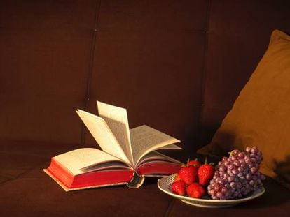 Libro y frutita en bodegón neobarroco