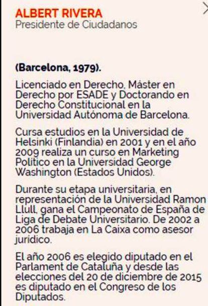 Captura del currículum de Rivera de la página web de Ciudadanos
