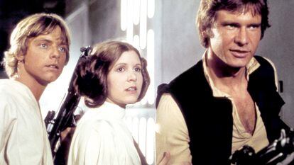 Desde la izquierda, Mark Hamill, Carrie Fischer y Harrison Ford, durante el rodaje de 'La guerra de las galaxias'.