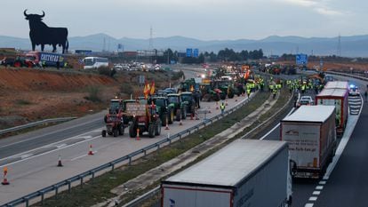 Vista de la concentración de tractores en la A-4 a la altura de Madridejos (Toledo) este martes.
