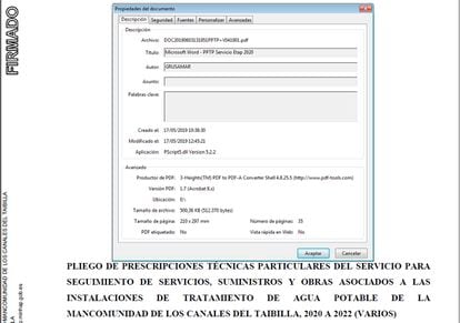 Propiedades del documento del pliego técnico de un contrato de la Mancomunidad de los Canales del Taibilla en el que figura como autor Grusamar, la firma que finalmente ganó la adjudicación. 