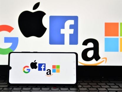 Logos of Google, Apple, Facebook, Amazon and Microsoft.