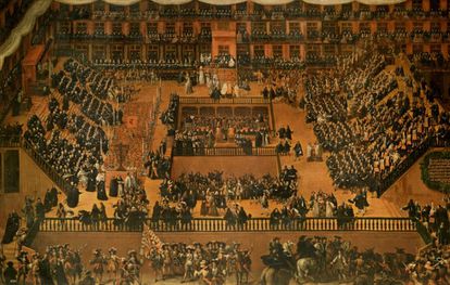 &#039;Auto de fe en la plaza mayor de Madrid&#039; (1683), de Francisco Rizi.  