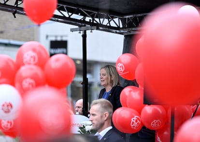 La primera ministra sueca, Magdalena Andersson, en un mitin en Uppsala este miércoles.