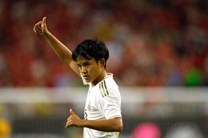 Takefusa Kubo, en un partido de la pretemporada del Real Madrid, contra el Bayern Múnich.