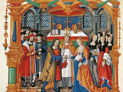 La boda del emperador Maximiliano I y la duquesa María de Borgoña, celebrada en 1477, en una imagen de las 'Memorias de Philippe de Commynes'.