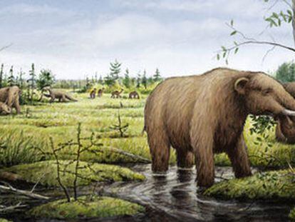 Ilustración del hábitat de la megafauna prehistórica