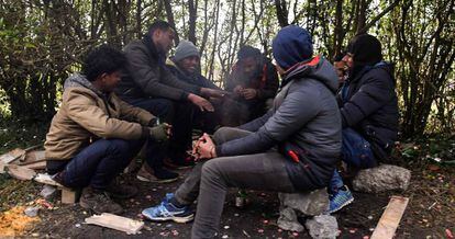 Un grupo de migrantes se calienta alrededor de un fuego, este viernes en Calais.