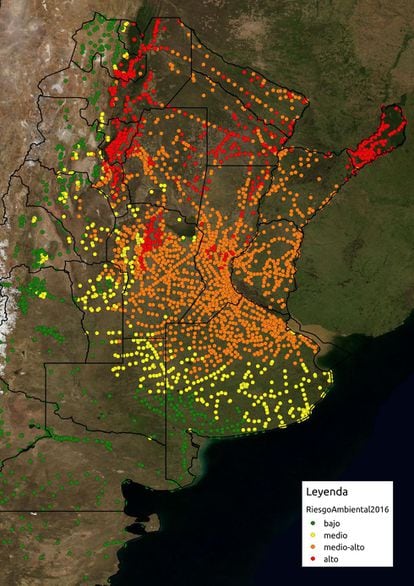 Fotografía de la Comisión de Actividades Espaciales de Argentina del pasado día 19 que muestra el mapa de riesgo ambiental de dengue.