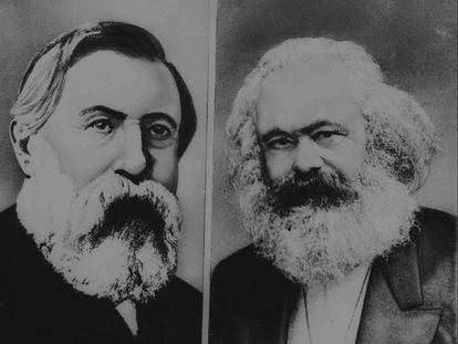 Retratos de Frederick Engels y Karl Marx, autores del "Manifiesto Comunista".