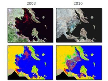 Cambios de uso de suelo en la Bahía de Puno 2003-2007. Crédito: GAF para ESA/Banco Mundial.