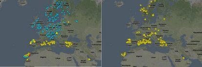 Camparación de los vuelos activos entre las 15.00 del domingo y las 13.00 del lunes, a partir de imágenes capturadas de la página web Flightradar24.com.