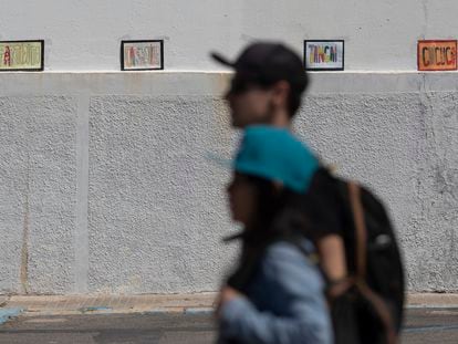 Dos jóvenes pasan por delante del IES Columela, en Cádiz, con carteles con expresiones típicas gaditanas.