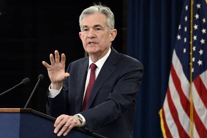 Jerome Powell, presidente de la Reserva Federal, en la rueda de prensa  