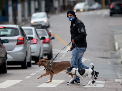 Un hombre con tapabocas pase a sus perros en una calle de Sao Paulo (Brasil).