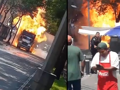 Videos en redes sociales muestran incendio de vehículo con tanques de gas en Tlalpan, Ciudad de México, el 5 de octubre de 2023.