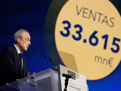 El presidente del grupo ACS, Florentino Pérez, interviene durante la junta de accionistas el pasado 5 de mayo.