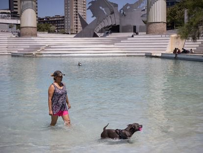 El estanque artificial del parque de la España Industrial, uno de los refugios climáticos del Ayuntamiento de Barcelona, en una imagen de archivo.