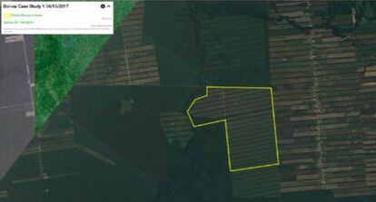 Imagen de satélite de abril de 2017 en la que se muestra el avance de la deforestación en plantaciones cerca de San José (Bolivia).