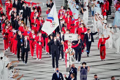 Russian athletes parade during the opening ceremony of the Tokyo Olympic Games. 