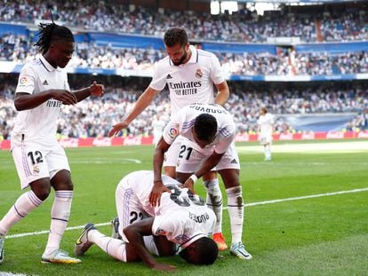 Rüdiger celebra su gol el domingo al Mallorca con Camavinga, Nacho y Rodrygo.