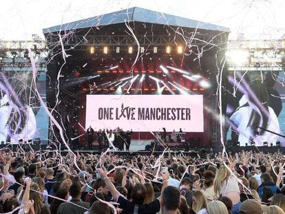 Concierto One Love Manchester en el que Ariana Grande y otros artistas han homenajeado a las víctimas del atentado del Manchester Arena, este domingo en Mánchester.