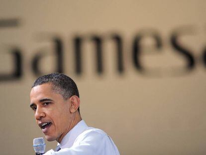 Barack Obama en la campaña a la presidencia de 2011 en un mitin en una fábrica de Siemens Gamesa en Estados Unidos.